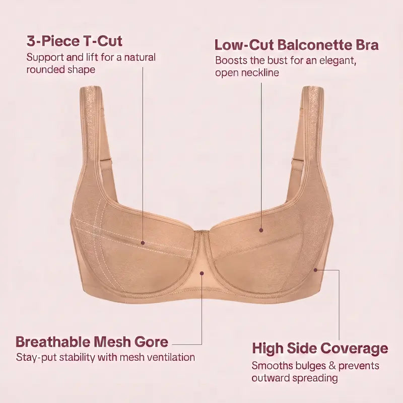 ISHA Starry Night 4mm Lightly Padded Plus Size Lifting Support Add 0.5-1 Cup Size Balconette Bra Underwire Glass Shimmer Fabric U Shaped Back Smoothing Wider Padded Straps Sexy Demi Low Cut Natural Push Up for Big Bust Women Daily Lingerie