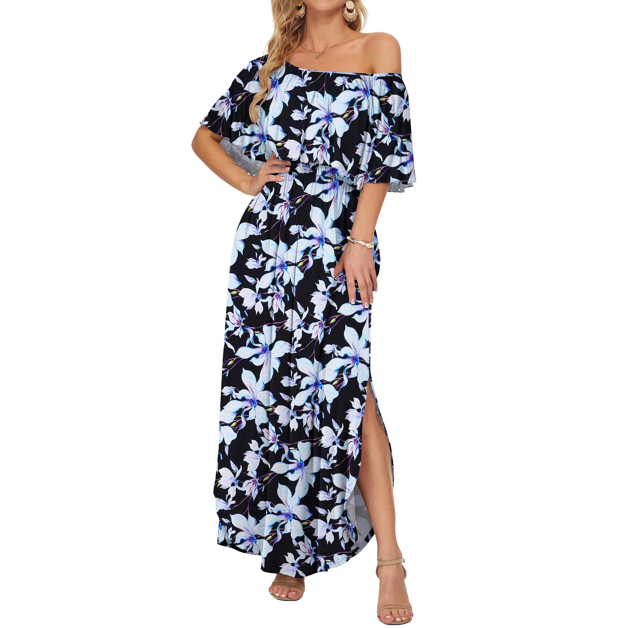 Women's Plus Size Off The Shoulder Dress Wedding Guest Dress Summer Casual Long Ruffle Party Side Split Beach Maxi Dresses with Pockets