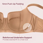 ISHA Starry Night 4mm Lightly Padded Plus Size Lifting Support Add 0.5-1 Cup Size Balconette Bra Underwire Glass Shimmer Fabric U Shaped Back Smoothing Wider Padded Straps Sexy Demi Low Cut Natural Push Up for Big Bust Women Daily Lingerie