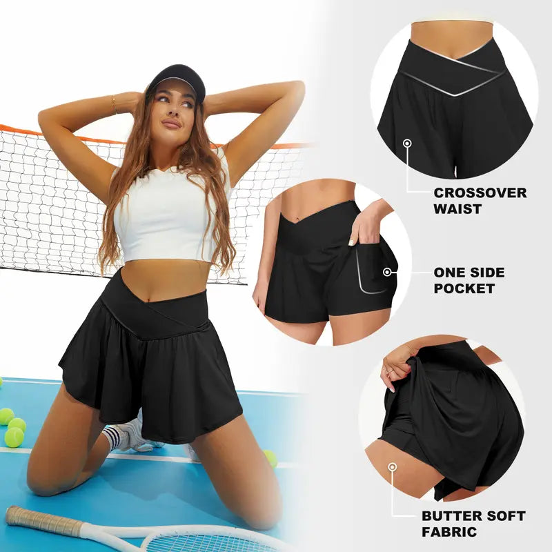 FireSwan Crossover Athletic Shorts for Women 2 in 1 Flowy Running Shorts with Pockets Spandex Butterfly Workout Tennis Skorts#Summervibes