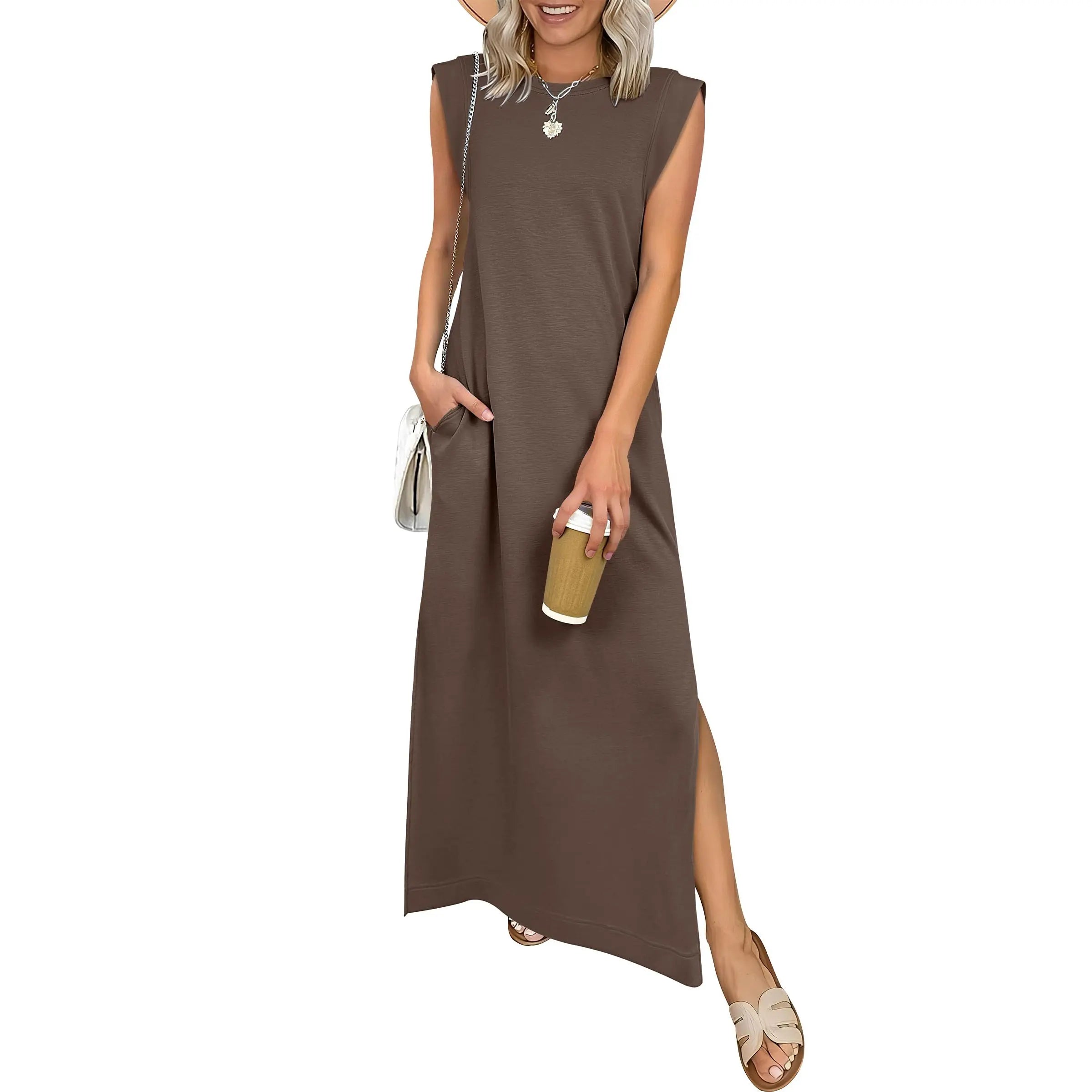 Women Summer Casual Sleeveless Maxi Dress 2026 Crewneck Loose Split Wrinkle-Free Beach Travel Vacation Long Sundress