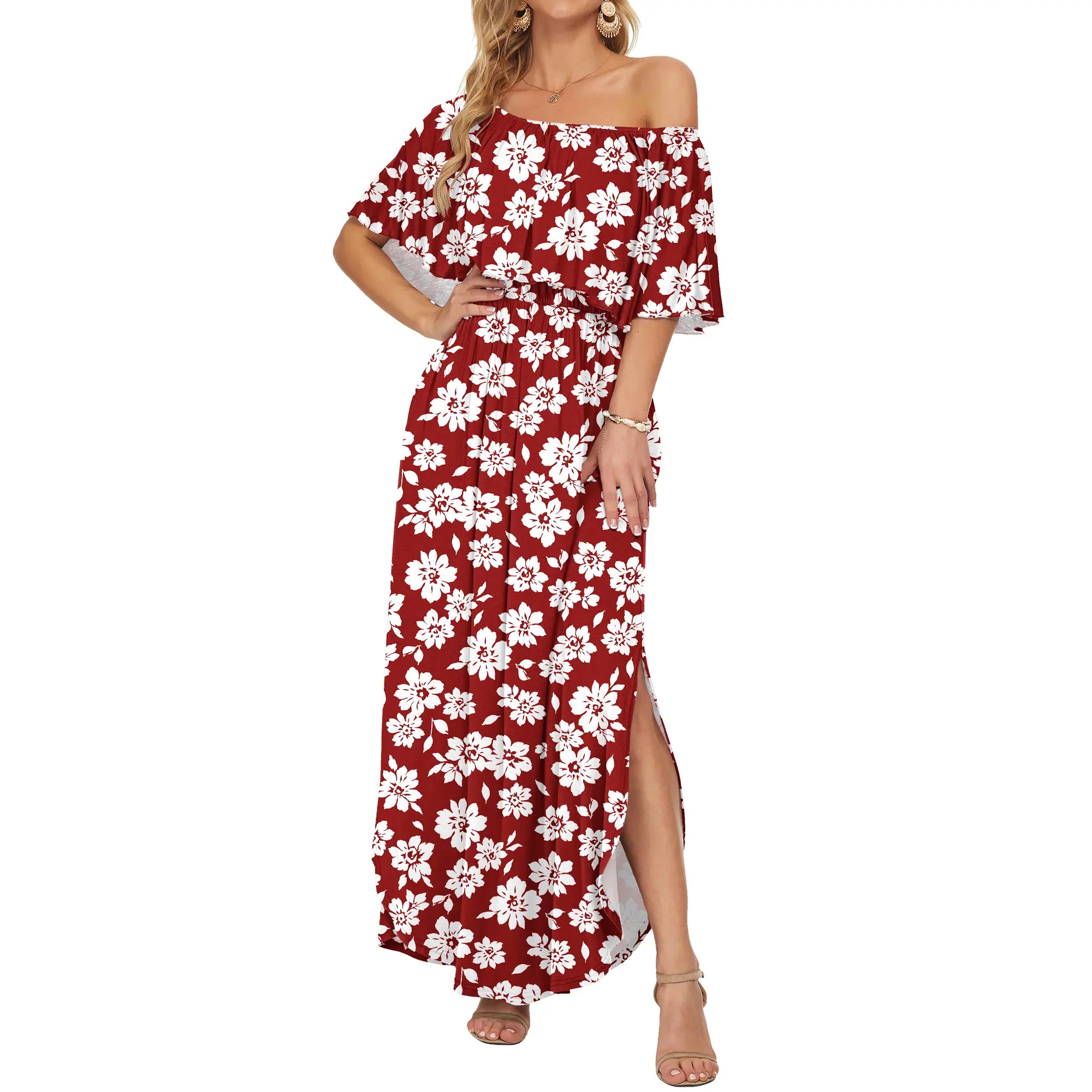 Women's Plus Size Off The Shoulder Dress Wedding Guest Dress Summer Casual Long Ruffle Party Side Split Beach Maxi Dresses with Pockets