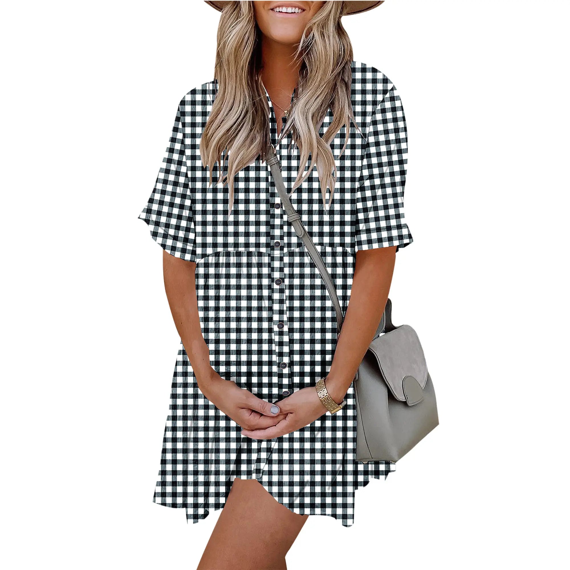 Babydoll Dress for Women Short Sleeve Button Down Textured Non-clingy Loose Fit Flowy Mini Dress with Pockets 2026 New Summer Dress