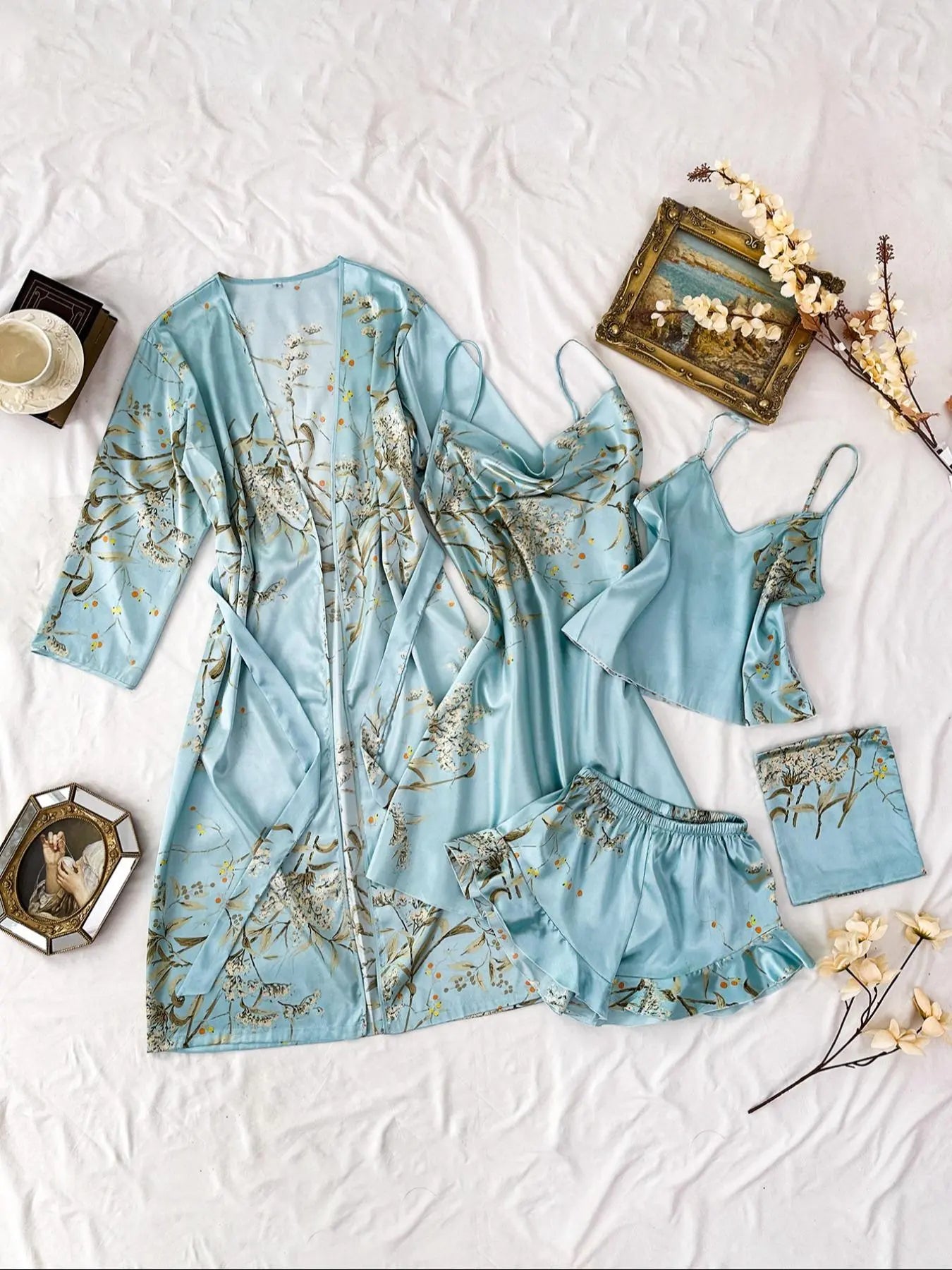 Women's Floral Plant Print Satin Pajama Set (Pjs) with Belted Robe, Cowl Neck Cami Nightdress, Backless Cami Top, Elastic Waist Shorts & Storage Bag, Casual Comfortable Women's Sleepwear & Loungewear Camisole Sets Lingerie