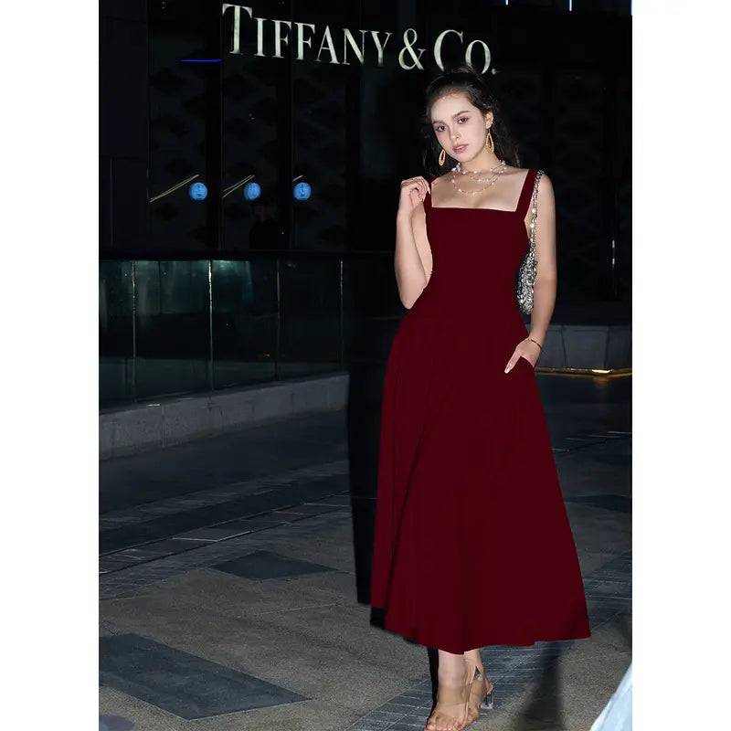 Women's Casual Sleeveless Square Neck A-Line Solid Slim Flowy Long Dress with Pockets & Back Tie Detail Design