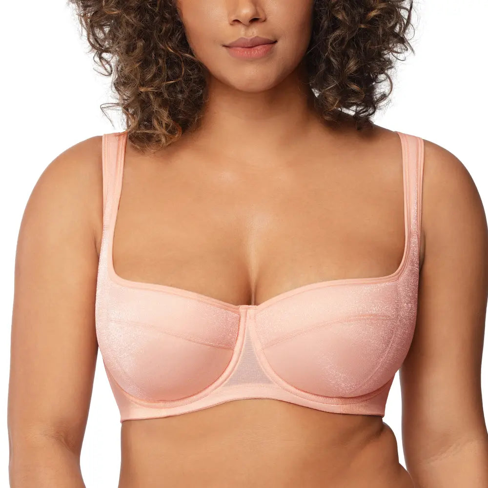 ISHA Starry Night 4mm Lightly Padded Plus Size Lifting Support Add 0.5-1 Cup Size Balconette Bra Underwire Glass Shimmer Fabric U Shaped Back Smoothing Wider Padded Straps Sexy Demi Low Cut Natural Push Up for Big Bust Women Daily Lingerie