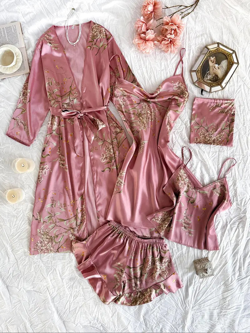 Women's Floral Plant Print Satin Pajama Set (Pjs) with Belted Robe, Cowl Neck Cami Nightdress, Backless Cami Top, Elastic Waist Shorts & Storage Bag, Casual Comfortable Women's Sleepwear & Loungewear Camisole Sets Lingerie