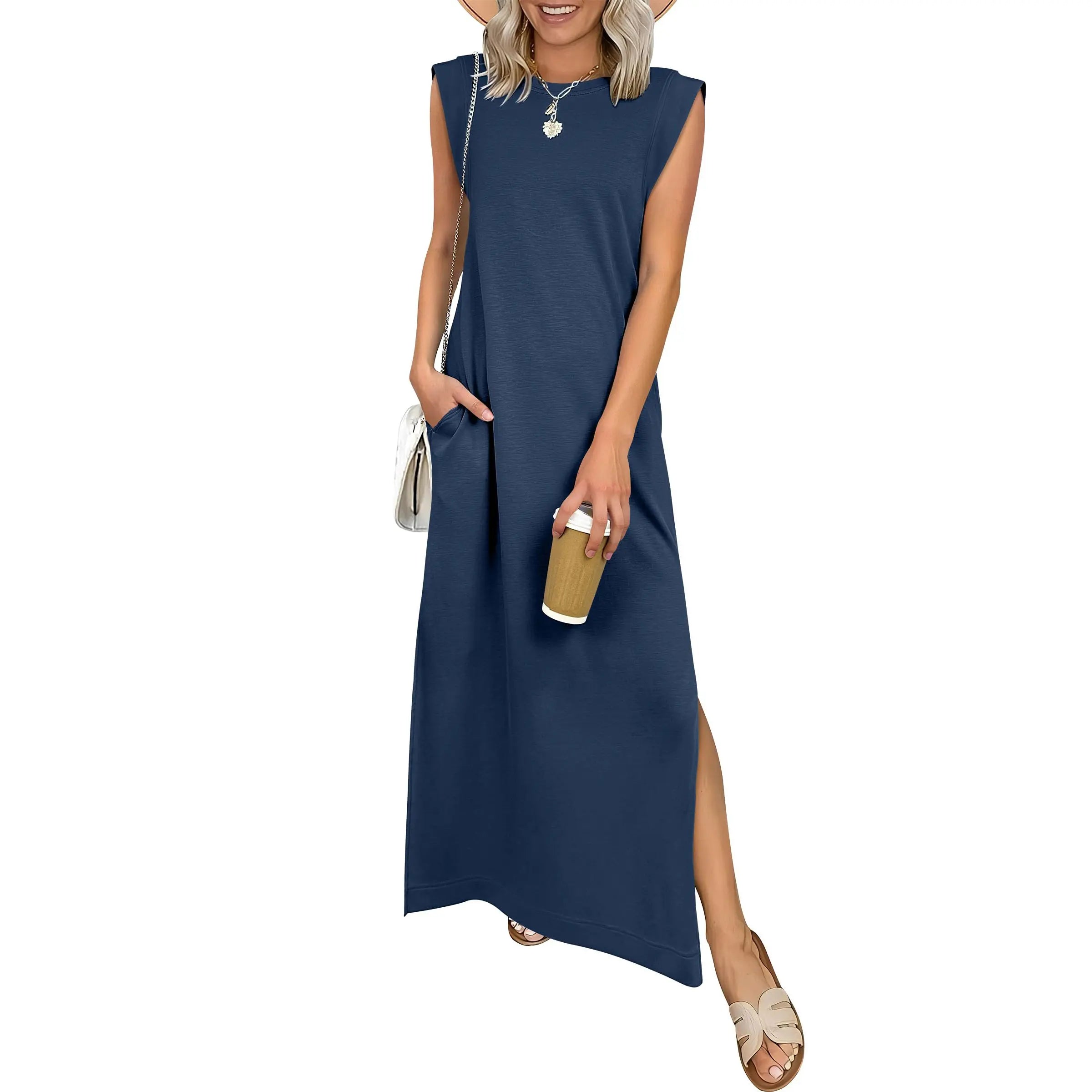 Women Summer Casual Sleeveless Maxi Dress 2026 Crewneck Loose Split Wrinkle-Free Beach Travel Vacation Long Sundress