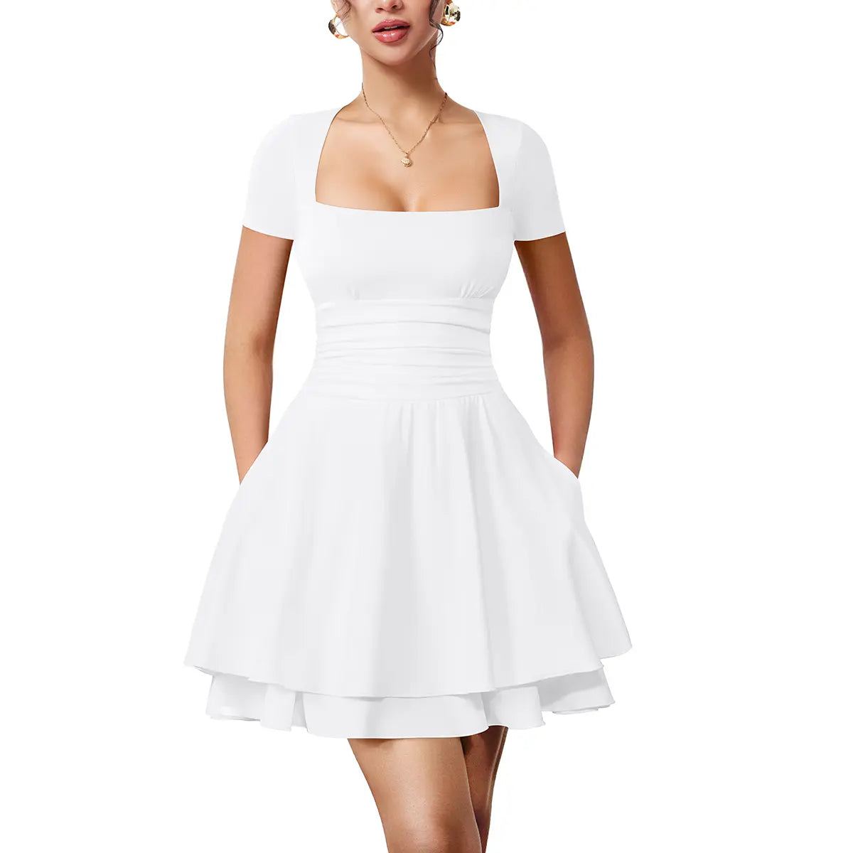 Women's Casual Square Neck Ruffle Hem Mini Dress Short Sleeve Short Party Dresses With Pockets