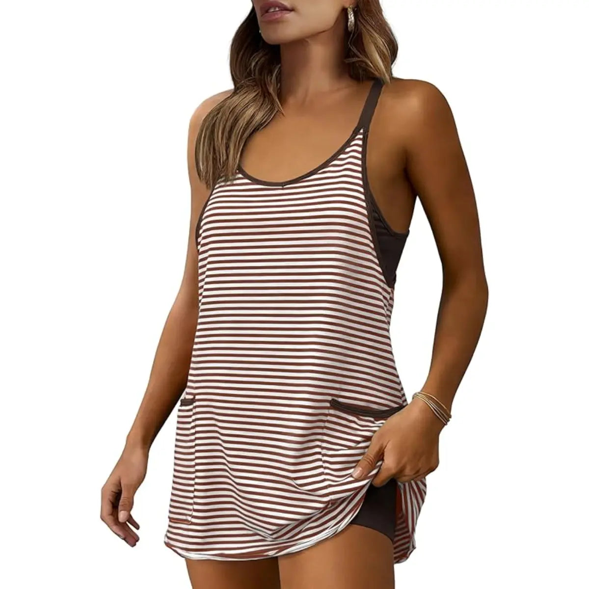 Tanming Women's Summer Sleeveless 4th Of July V-Neck Striped Athletic Mini Dress with Built-in Shorts - Gym Wear, Athleisure, Beach Outfits, Sun Dresses