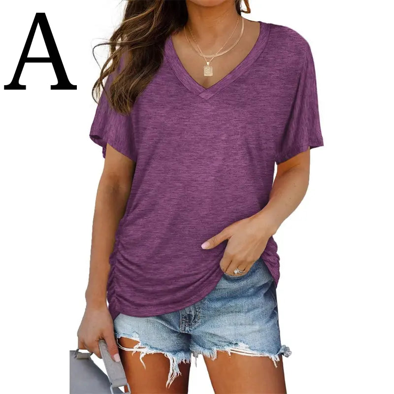 HOLLWI SwimWeek Womens Short Sleeve V Neck Dolman Tops with Side Shirring Loose Fit Shirts