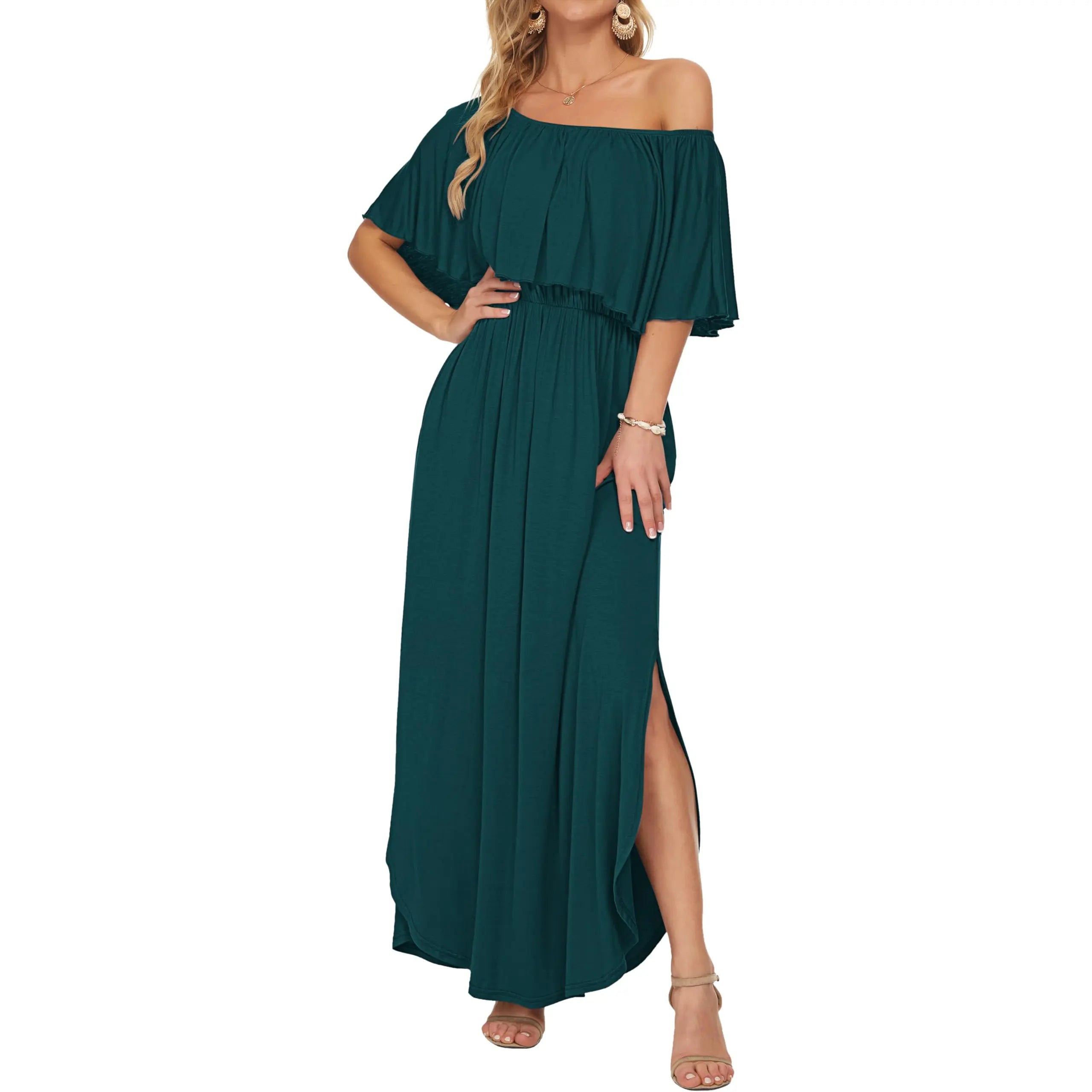 Women's Plus Size Off The Shoulder Dress Wedding Guest Dress Summer Casual Long Ruffle Party Side Split Beach Maxi Dresses with Pockets