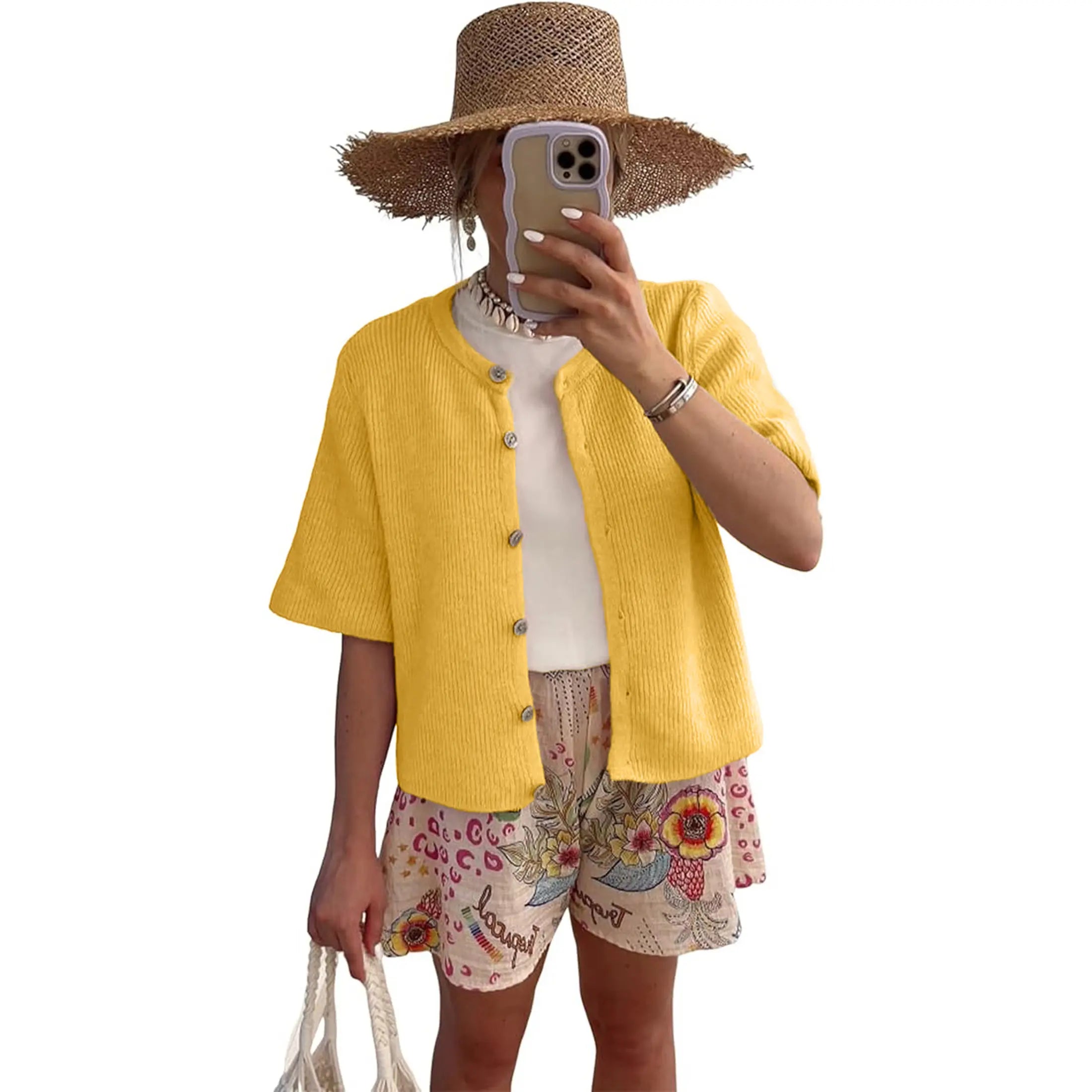 Tanming Women's Short Sleeve Cardigan Sweater - Crew Neck, Soft Ribbed Knitting Fabric, Button-Down, Fitted, Lightweight Breathable Clothes for Casual Office, Spring Summer Layering Cover Up (Women's Tops) #SpringStatements