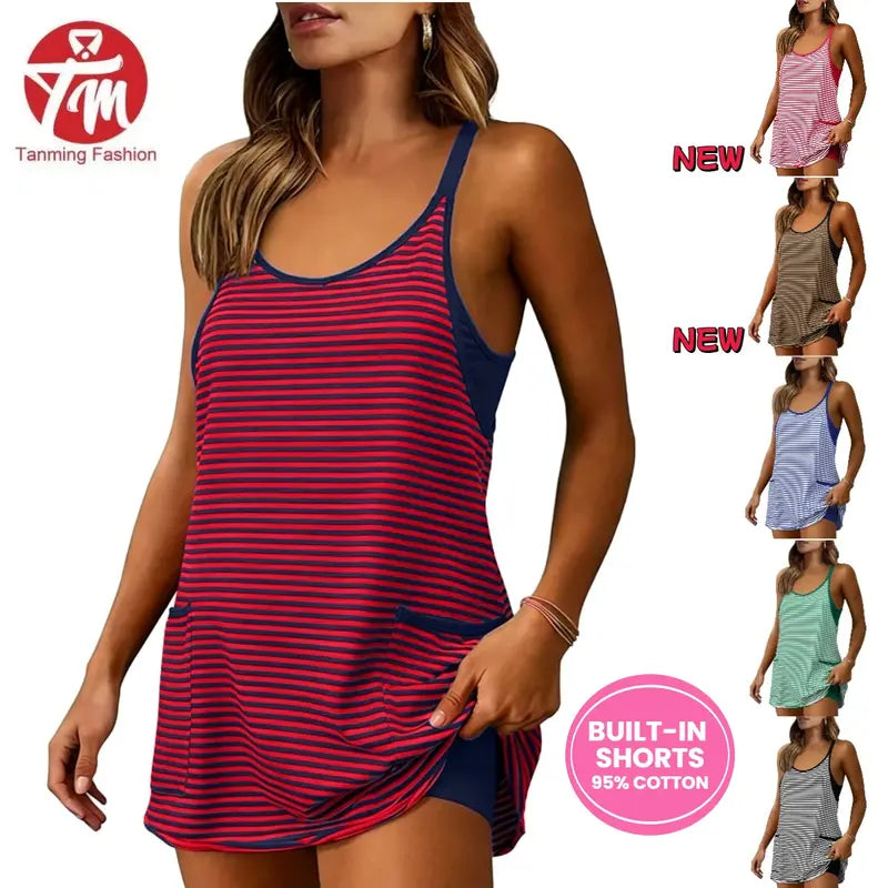 Tanming Damen Ärmelloses Sommerkleid zum 4. Juli, V-Ausschnitt, gestreiftes sportliches Minikleid mit integrierten Shorts – Fitnesskleidung, Athleisure, Strandoutfits, Sommerkleider