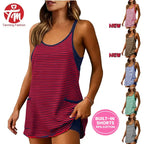 Tanming Damen Ärmelloses Sommerkleid zum 4. Juli, V-Ausschnitt, gestreiftes sportliches Minikleid mit integrierten Shorts – Fitnesskleidung, Athleisure, Strandoutfits, Sommerkleider