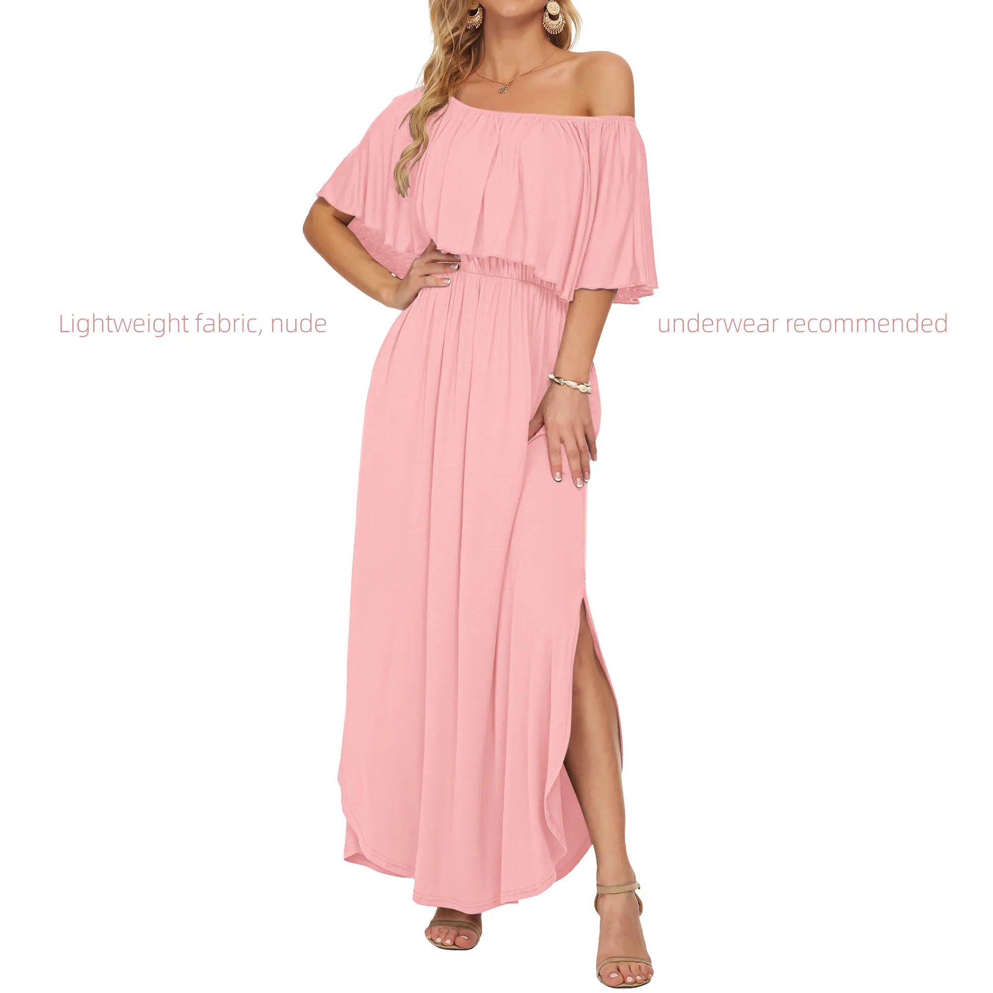 Women's Plus Size Off The Shoulder Dress Wedding Guest Dress Summer Casual Long Ruffle Party Side Split Beach Maxi Dresses with Pockets