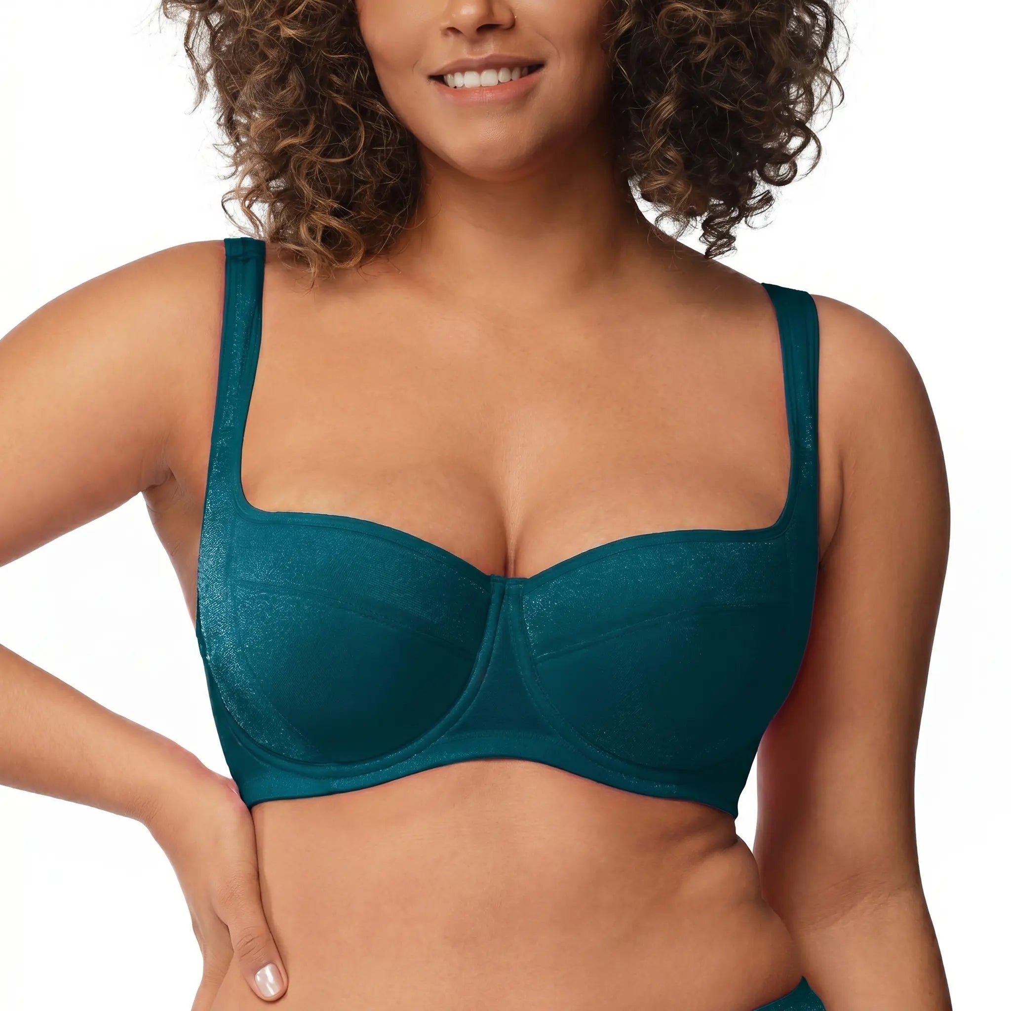ISHA Starry Night 4mm Lightly Padded Plus Size Lifting Support Add 0.5-1 Cup Size Balconette Bra Underwire Glass Shimmer Fabric U Shaped Back Smoothing Wider Padded Straps Sexy Demi Low Cut Natural Push Up for Big Bust Women Daily Lingerie