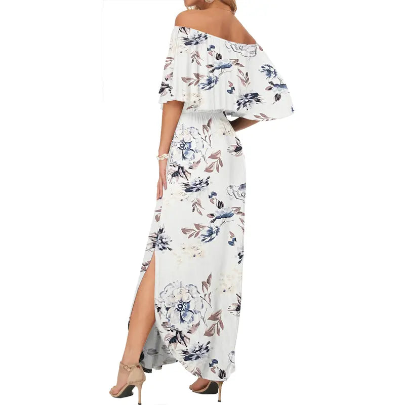 Women's Plus Size Off The Shoulder Dress Wedding Guest Dress Summer Casual Long Ruffle Party Side Split Beach Maxi Dresses with Pockets