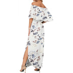 Women's Plus Size Off The Shoulder Dress Wedding Guest Dress Summer Casual Long Ruffle Party Side Split Beach Maxi Dresses with Pockets