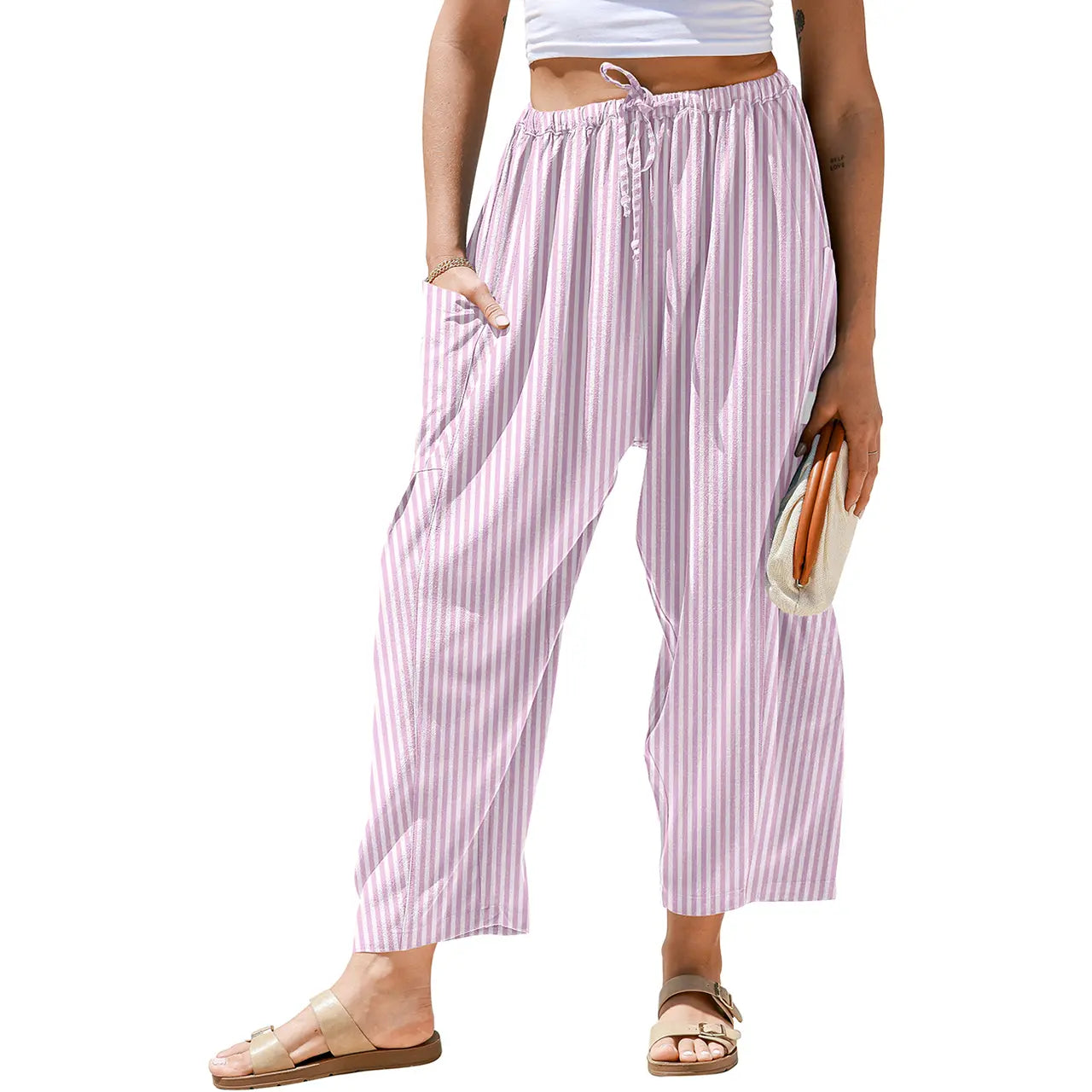 【SS26 Kollektion】Damen Weite Hose Gestreifte Karohose Freizeit Barrel Loose Kordelzug Niedrige Taille Palazzo Haremshose mit Taschen
