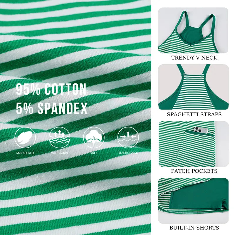 Tanming Damen Ärmelloses Sommerkleid zum 4. Juli, V-Ausschnitt, gestreiftes sportliches Minikleid mit integrierten Shorts – Fitnesskleidung, Athleisure, Strandoutfits, Sommerkleider