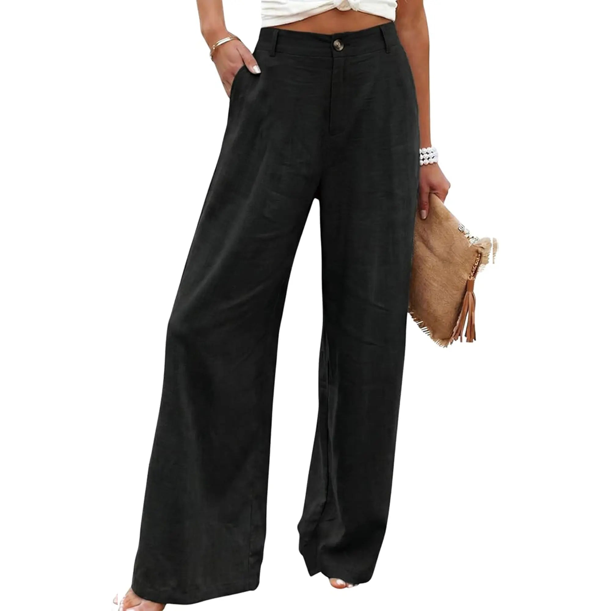 Tanming Damen Baumwoll-Leinen-Hose Freizeit-Knopfhose mit hoher Taille Weites Bein Hose Minimalistisch Basic Atmungsaktiver Stoff Lässige Weite Bequeme Sommer Strandhose,summerwins