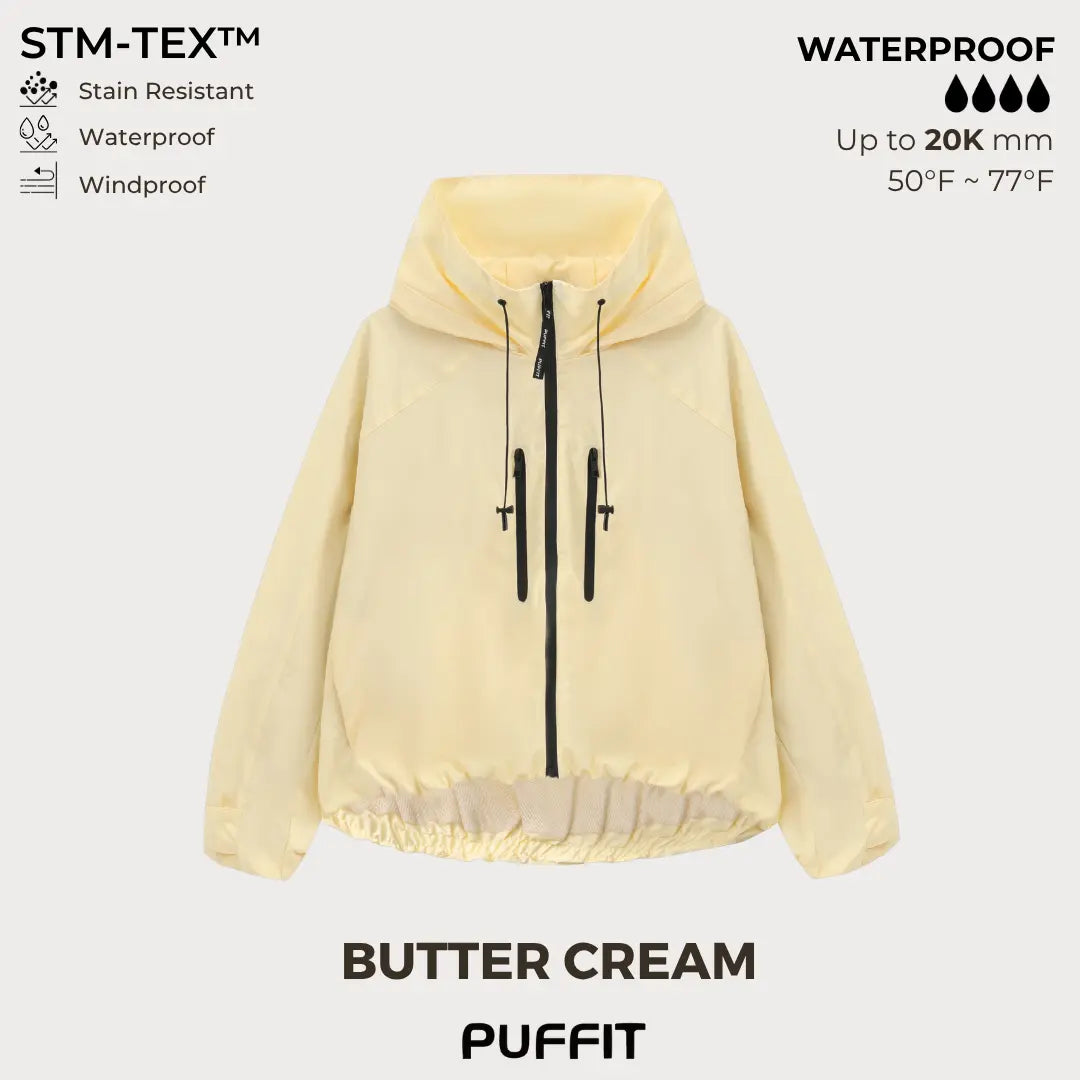 PUFFITER Short One-Size Rain Jacket With Pleated Hem,Hooded Jacket,Waterproof Jacket,Women Jacket,Wide-Brim Hood,Adjustable Cuffs,Zips,Outdoor Sport,Jacket,Statements,Windbreaker,Spring,Dog Walking,School Running,Football Mum,Stylish