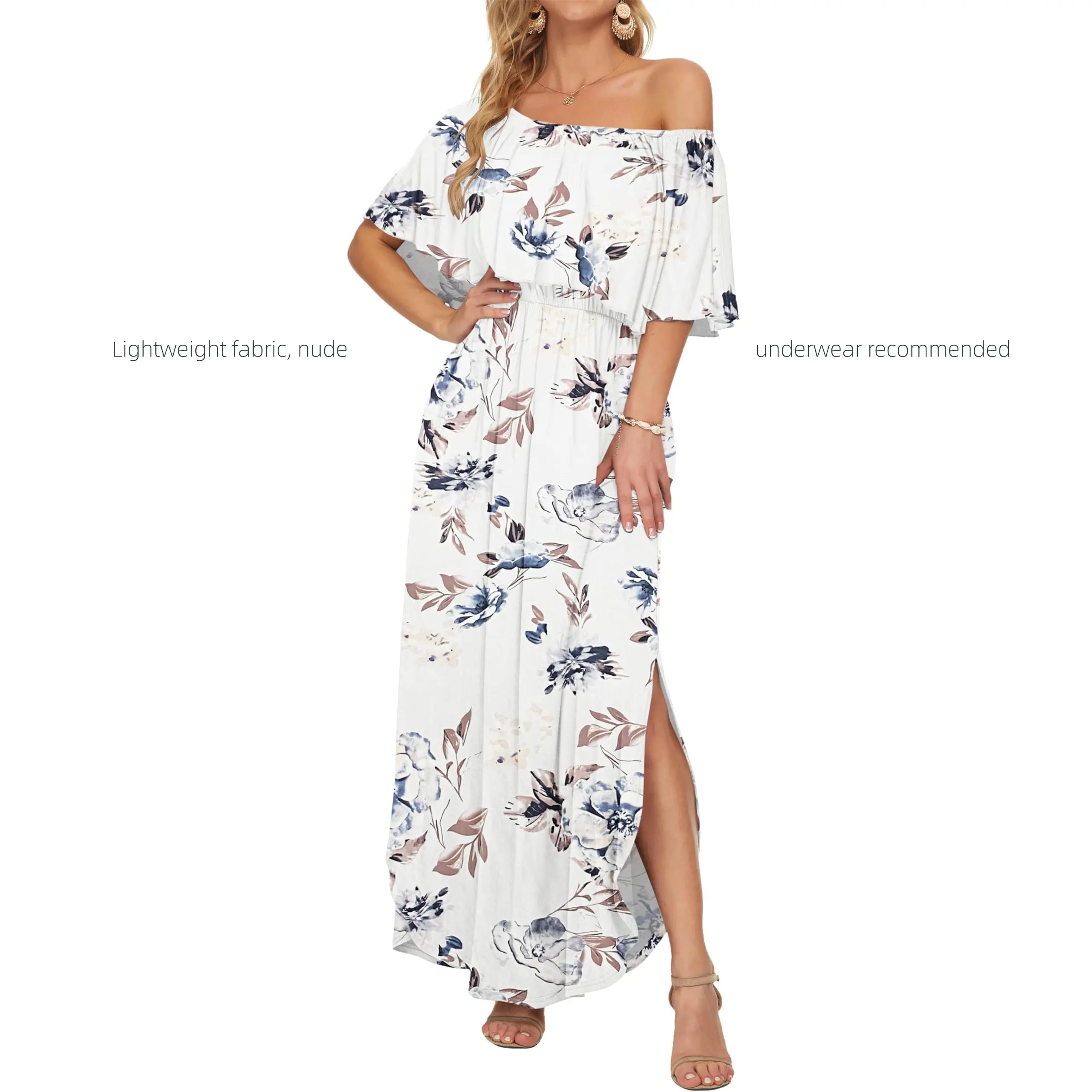 Women's Plus Size Off The Shoulder Dress Wedding Guest Dress Summer Casual Long Ruffle Party Side Split Beach Maxi Dresses with Pockets