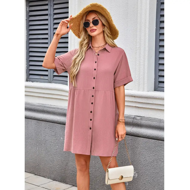 Babydoll-Kleid für Damen, Kurzarm, geknöpft, strukturiert, nicht anliegend, locker sitzend, fließendes Minikleid mit Taschen, Sommerkleid 2026 neu