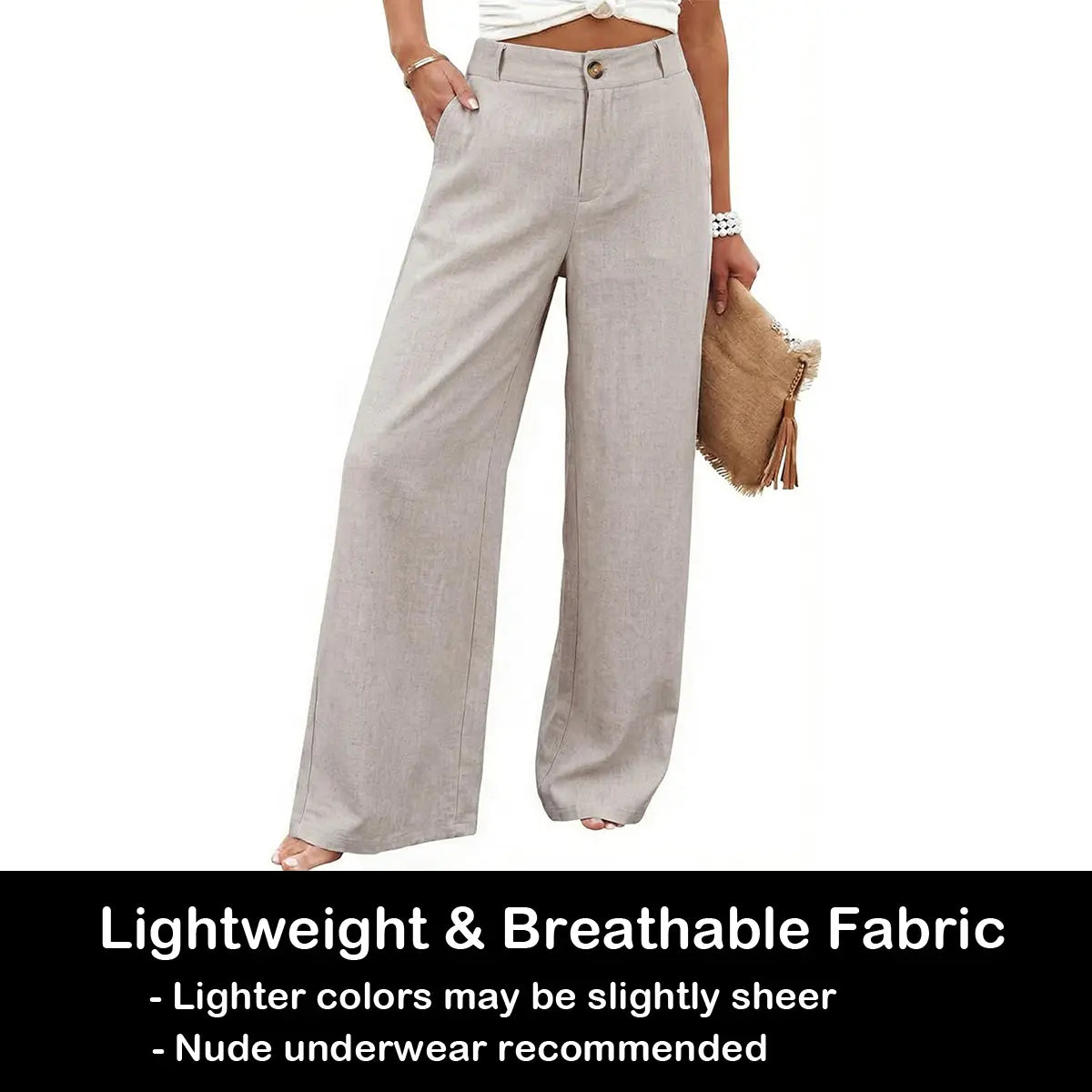 Tanming Damen Baumwoll-Leinen-Hose Freizeit-Knopfhose mit hoher Taille Weites Bein Hose Minimalistisch Basic Atmungsaktiver Stoff Lässige Weite Bequeme Sommer Strandhose,summerwins