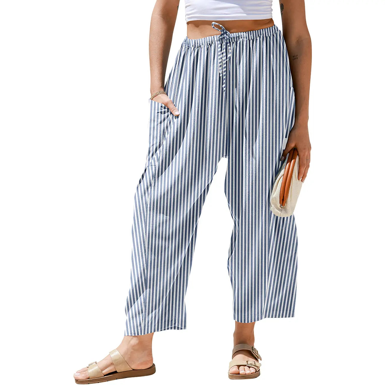 【SS26 Kollektion】Damen Weite Hose Gestreifte Karohose Freizeit Barrel Loose Kordelzug Niedrige Taille Palazzo Haremshose mit Taschen