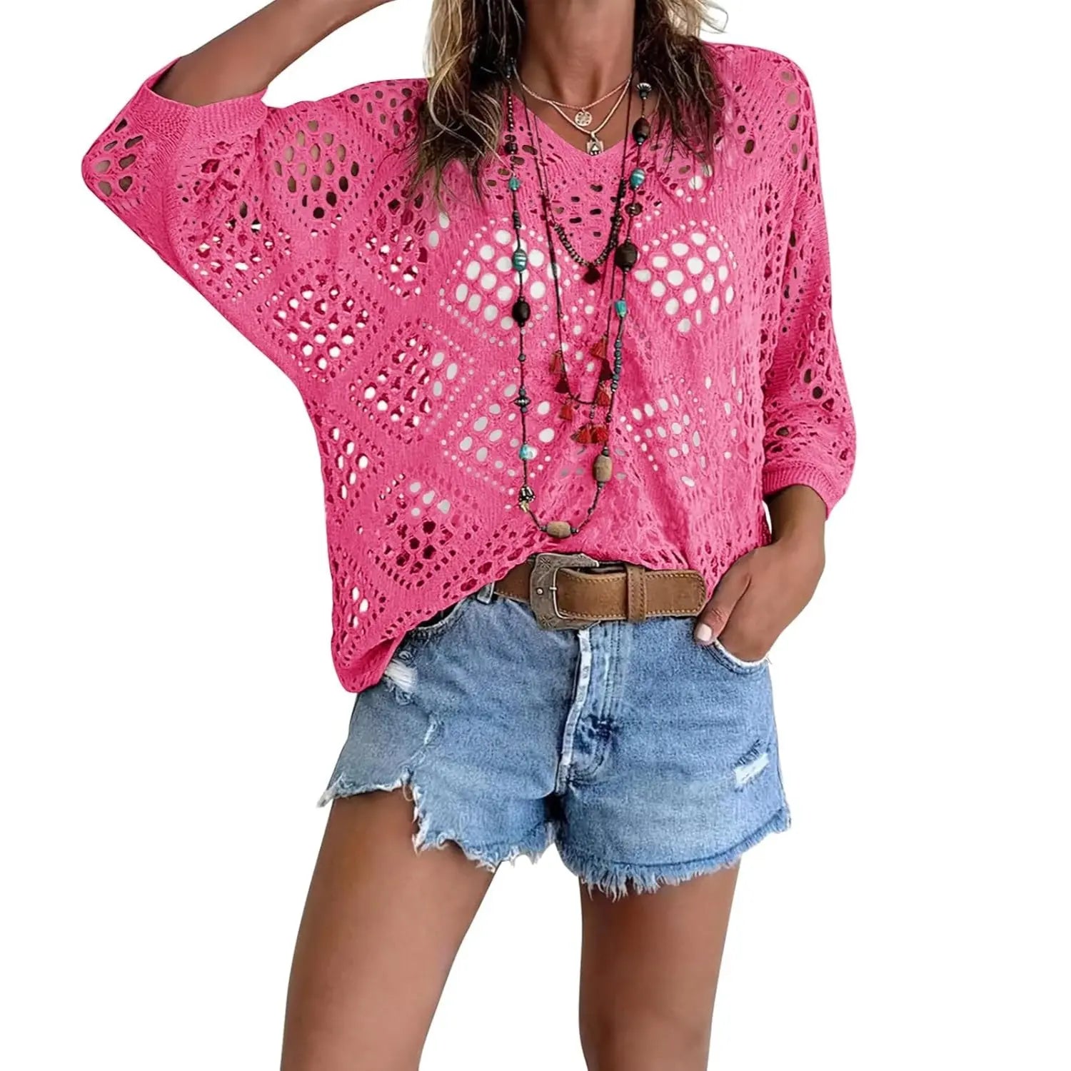 Fisoew Women's Bohemian-Inspired Beige Crochet Top with V-Neck #Springtok #summervibes Casual Chic Womenswear Lightweight costco finds this week tops women's clothes flash sale summer tops