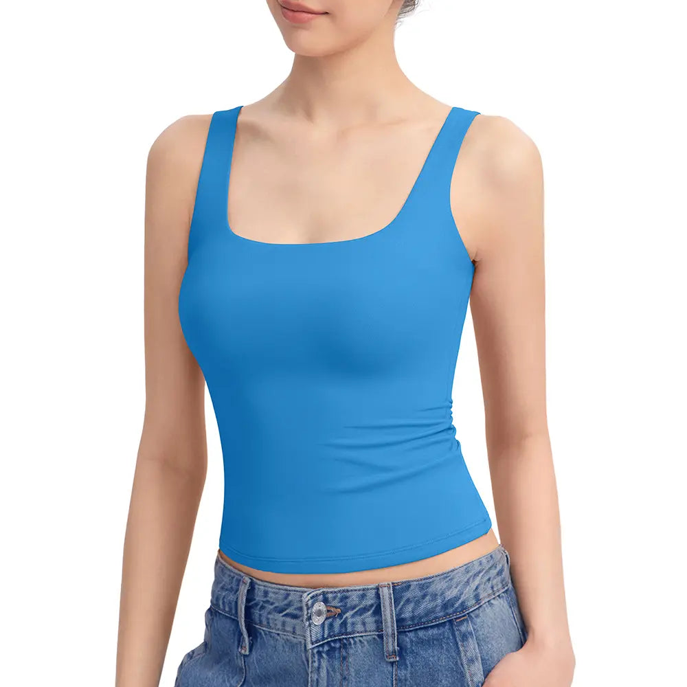 Women's Square Neck Tank Top, Wide Strap Buttery Soft Cami, Double Layer Stretchy Top, Comfortable Everyday Essential summerwins