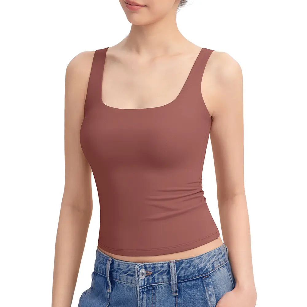 Women's Square Neck Tank Top, Wide Strap Buttery Soft Cami, Double Layer Stretchy Top, Comfortable Everyday Essential summerwins
