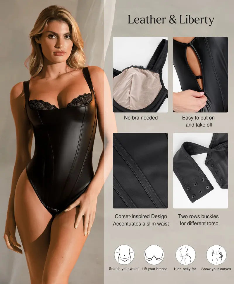 【Runs Small】Popilush Basic Faux Leather Corset Top Supportive Shapewear Bodysuit Lingerie Lace Trim Tummy Control Bustier Sleeveless Womenswear Summervibe