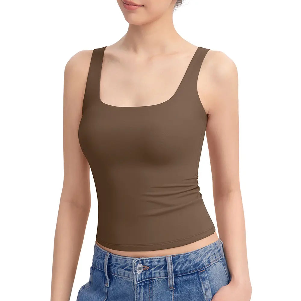 Women's Square Neck Tank Top, Wide Strap Buttery Soft Cami, Double Layer Stretchy Top, Comfortable Everyday Essential summerwins