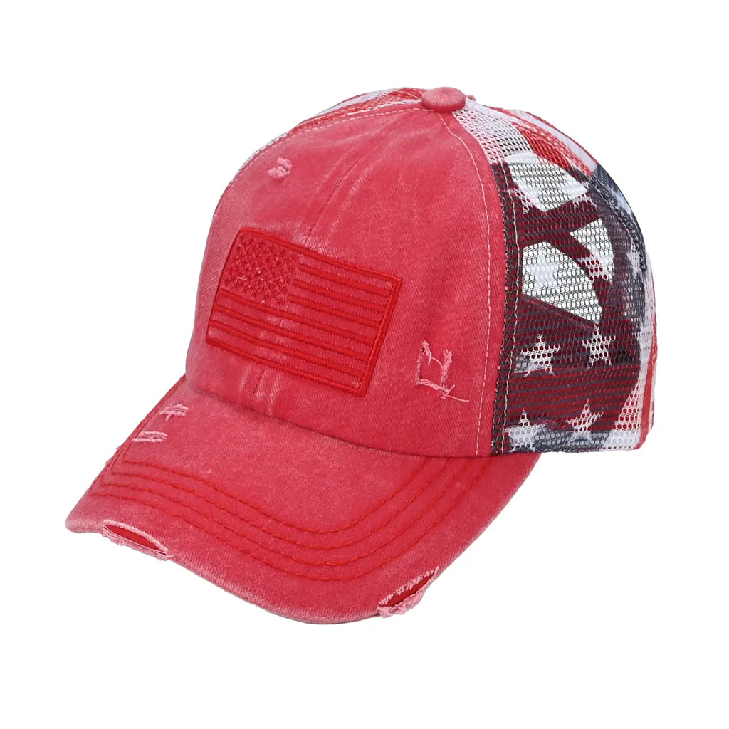 C.C Patriotic Adjustable Women’s Baseball Cap Cotton Brushed Embroidered Hat with Criss-Cross Elastic Band American Flag Mesh Back Durable Accessory Fit Perfect for Memorial day and July 4th