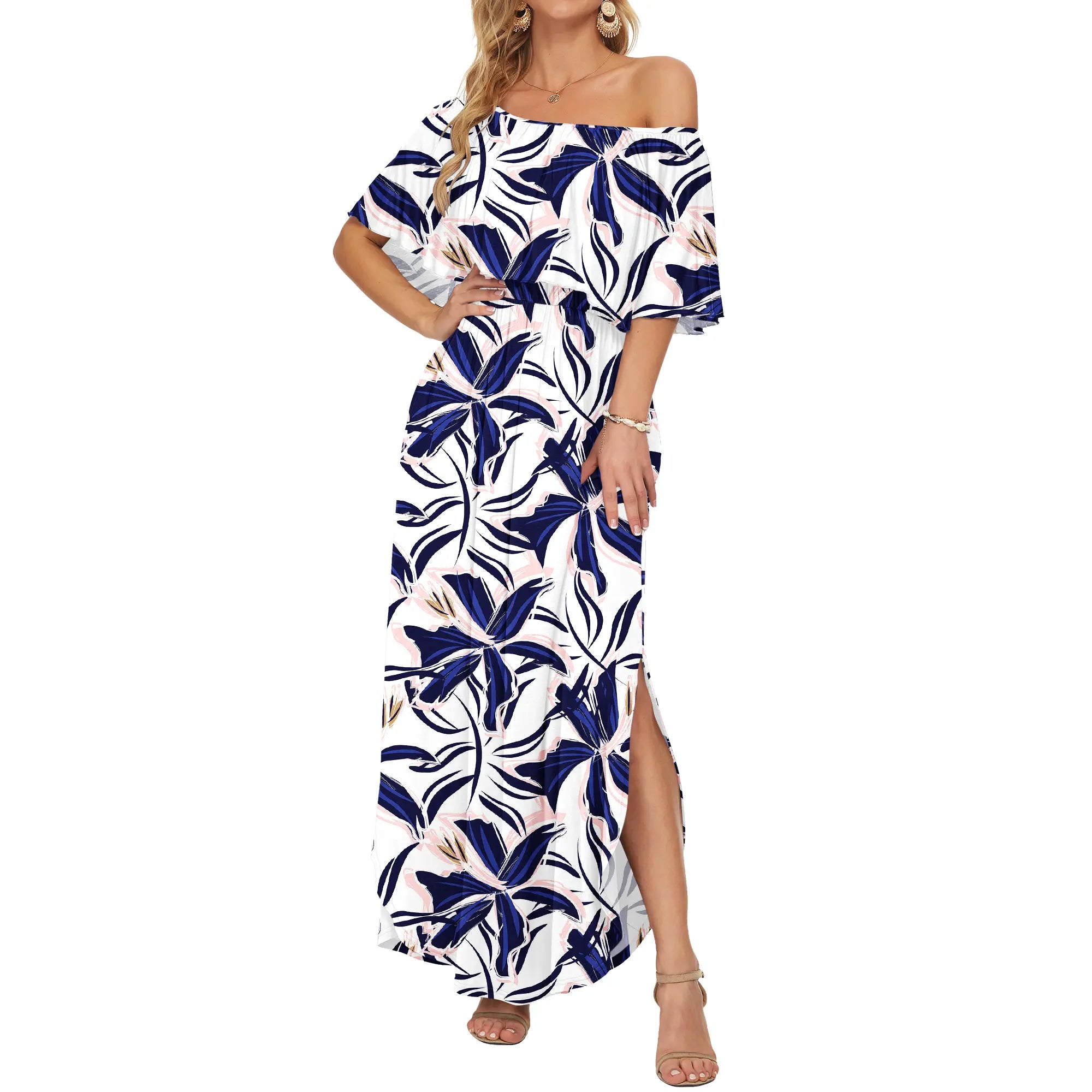 Women's Plus Size Off The Shoulder Dress Wedding Guest Dress Summer Casual Long Ruffle Party Side Split Beach Maxi Dresses with Pockets