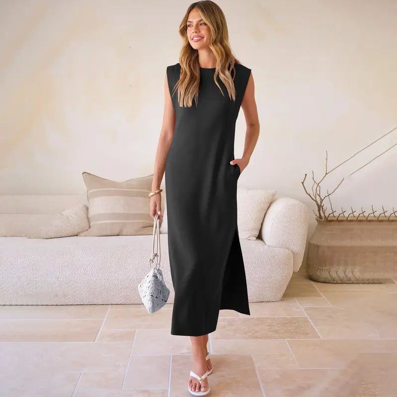 Women Summer Casual Sleeveless Maxi Dress 2026 Crewneck Loose Split Wrinkle-Free Beach Travel Vacation Long Sundress