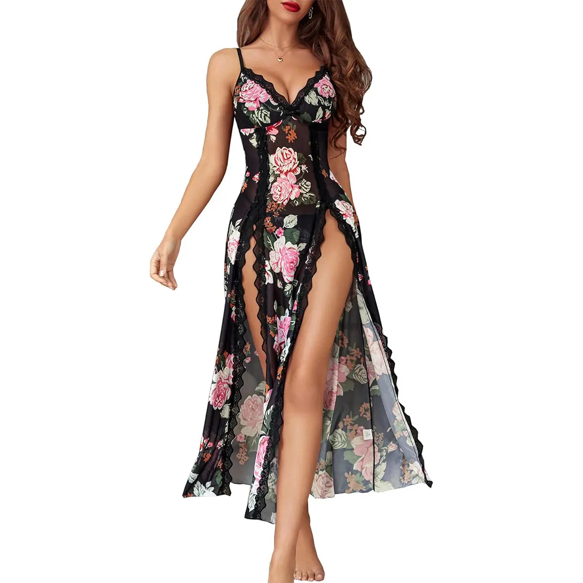 Avidlove Women's Lace Nightgown - Floral Mesh Chemise with V-Neck & Side Splits - Fitted Loungewear for Comfortable Wear - Soft Lightweight Lingerie SpringStatements Womenswear Sleeveless