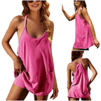 Women's Summer Sleeveless Mini Dress V Neck Spaghetti Straps Athletic Built-in Shorts Sundress SummerVibes