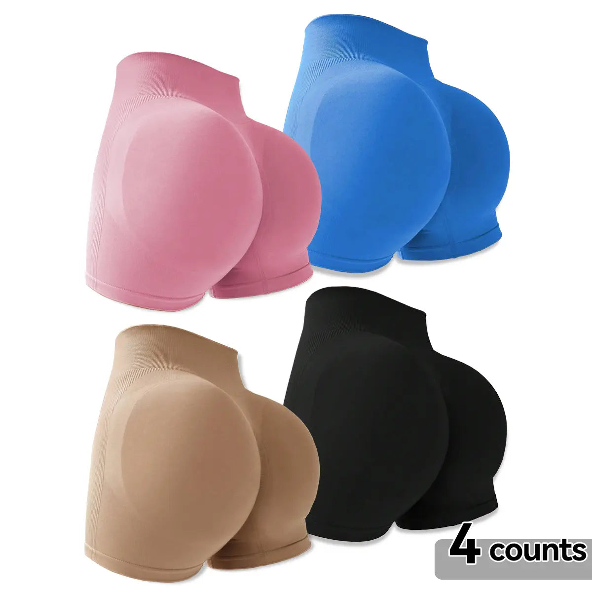 4-Pieces High Waist Tummy Control Side-Ribbed Butt-Lifting Seamless Shorts, Lightweighted Summer Shorts, Stretchy Womenswear Bottom Peachy Shorts