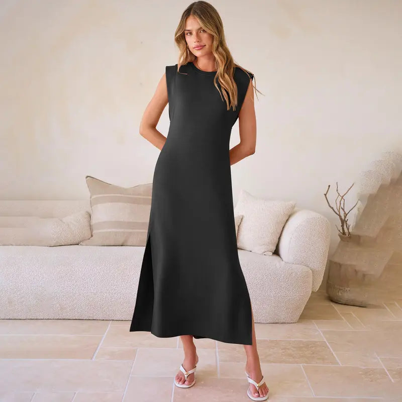 Women Summer Casual Sleeveless Maxi Dress 2026 Crewneck Loose Split Wrinkle-Free Beach Travel Vacation Long Sundress