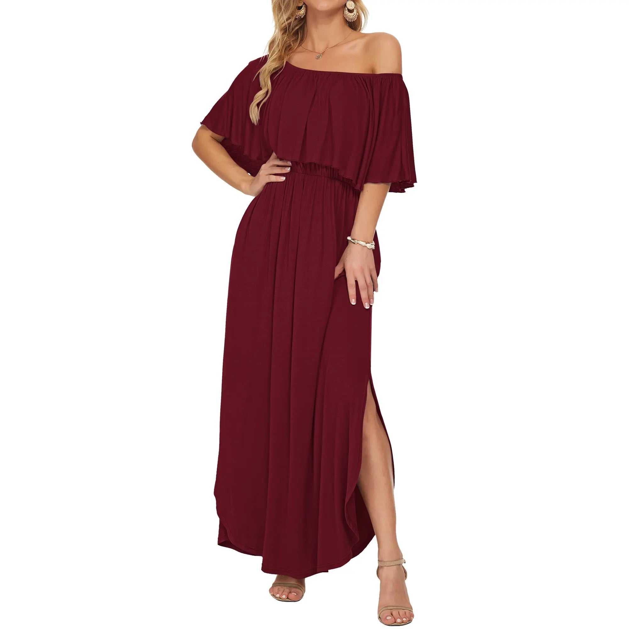 Women's Plus Size Off The Shoulder Dress Wedding Guest Dress Summer Casual Long Ruffle Party Side Split Beach Maxi Dresses with Pockets