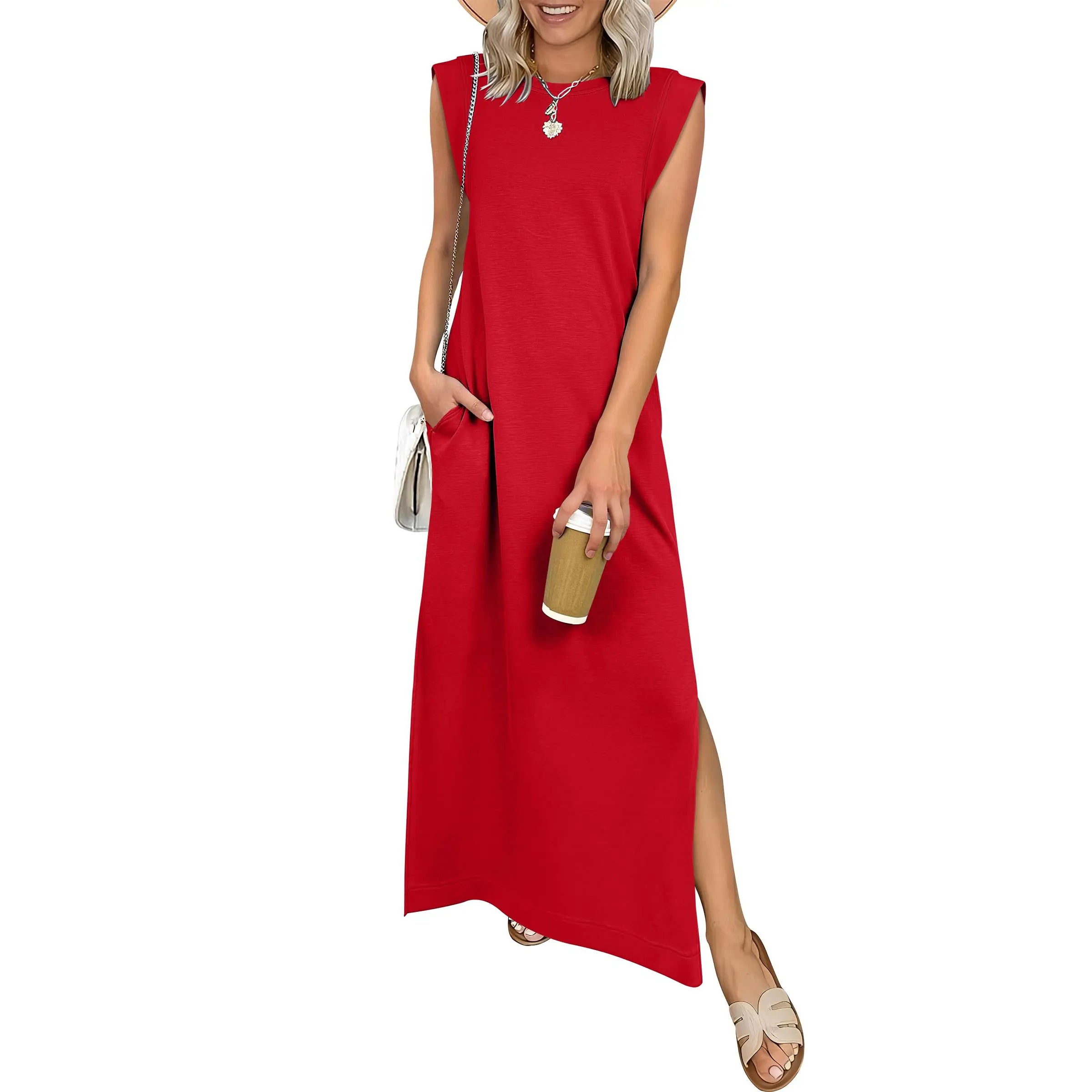 Women Summer Casual Sleeveless Maxi Dress 2026 Crewneck Loose Split Wrinkle-Free Beach Travel Vacation Long Sundress