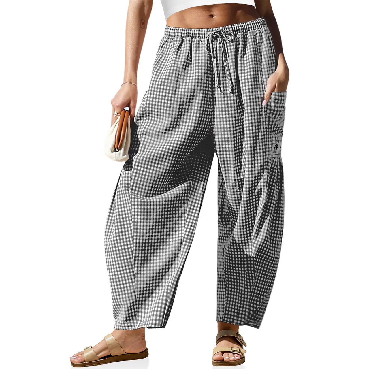 【SS26 Kollektion】Damen Weite Hose Gestreifte Karohose Freizeit Barrel Loose Kordelzug Niedrige Taille Palazzo Haremshose mit Taschen