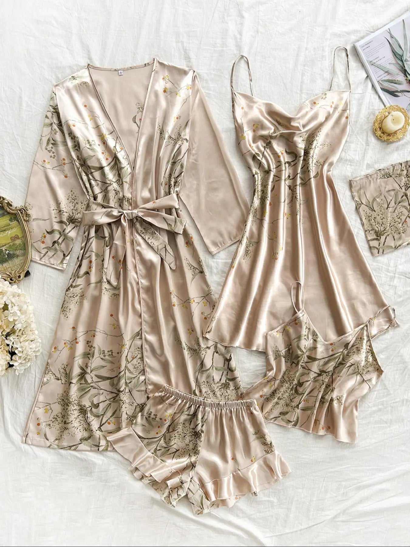 Women's Floral Plant Print Satin Pajama Set (Pjs) with Belted Robe, Cowl Neck Cami Nightdress, Backless Cami Top, Elastic Waist Shorts & Storage Bag, Casual Comfortable Women's Sleepwear & Loungewear Camisole Sets Lingerie