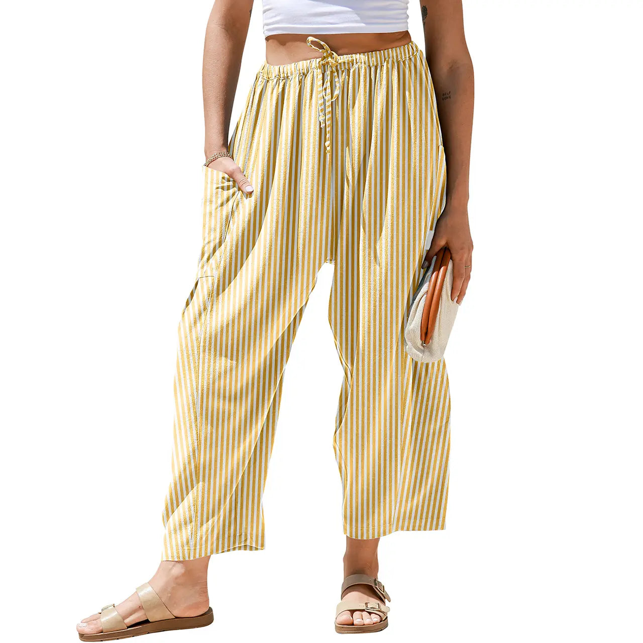 【SS26 Kollektion】Damen Weite Hose Gestreifte Karohose Freizeit Barrel Loose Kordelzug Niedrige Taille Palazzo Haremshose mit Taschen