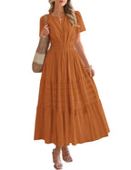 Women's Summer 2026 Casual Maxi Dress Lightweight Short Sleeve V Neck Boho Dress with Pockets