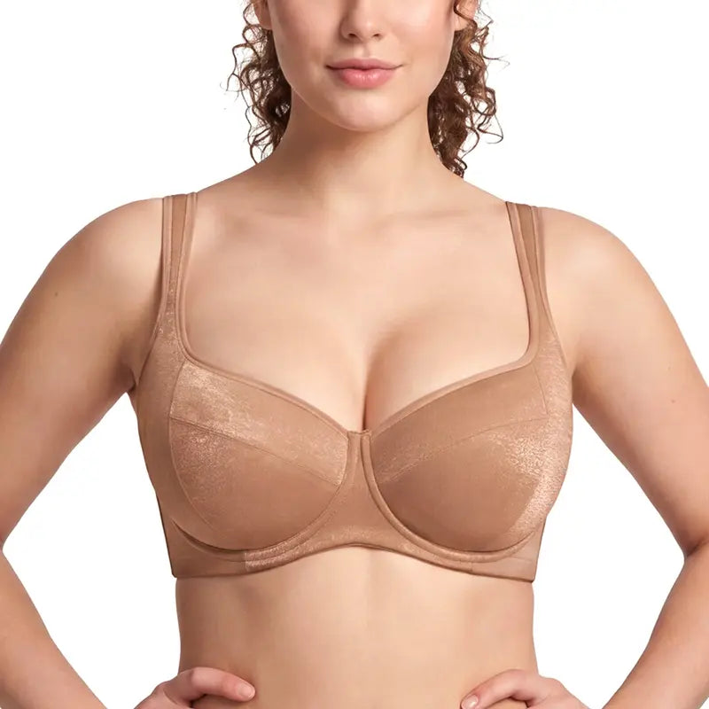 ISHA Starry Night 4mm Lightly Padded Plus Size Lifting Support Add 0.5-1 Cup Size Balconette Bra Underwire Glass Shimmer Fabric U Shaped Back Smoothing Wider Padded Straps Sexy Demi Low Cut Natural Push Up for Big Bust Women Daily Lingerie